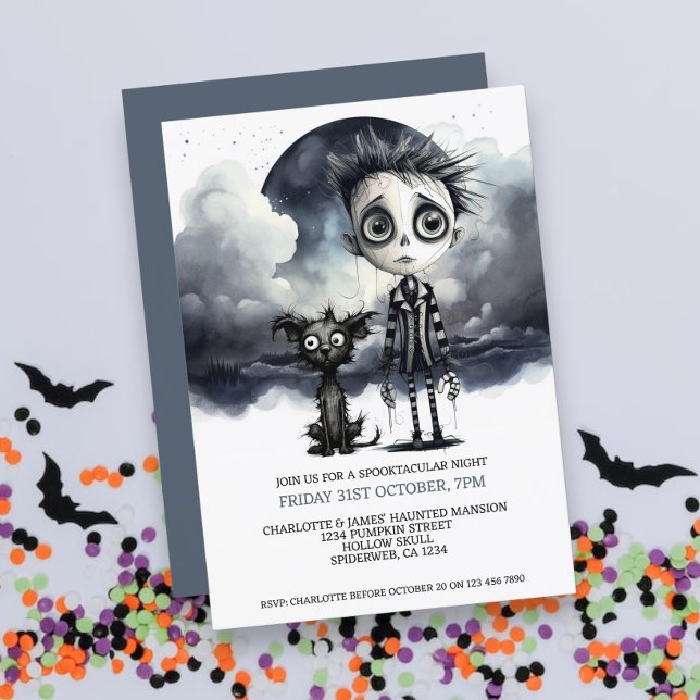 Convite Halloween Scary Boy e Cachorro sob lua cheia (Halloween Scary Boy and Dog Under a Full Moon Invitations from Ricaso. Spikey haired boy with dog)