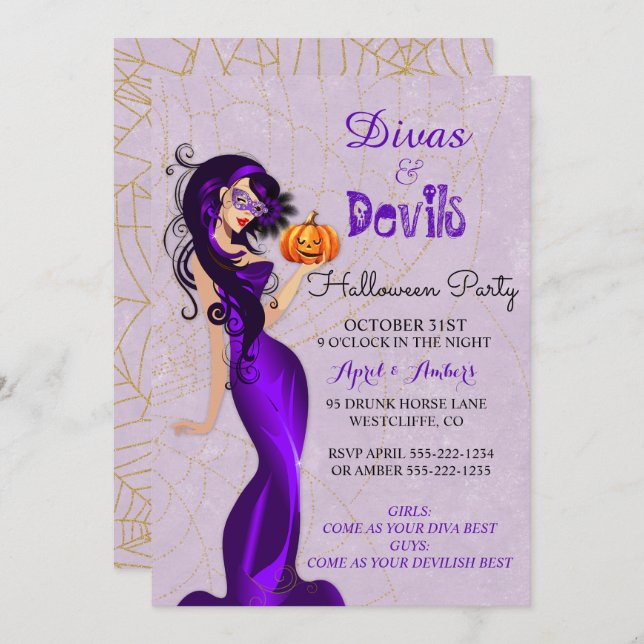 Convite Halloween Sexy Diva em Máscara segurando abóbora (Frente/Verso)