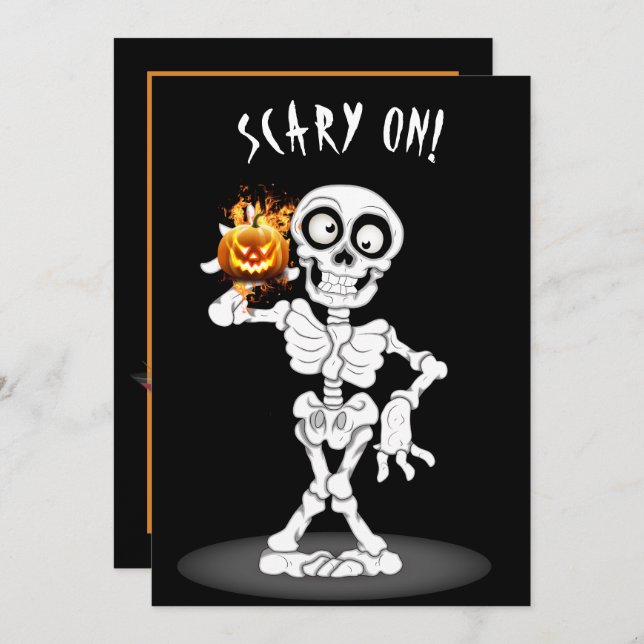 Convite Halloween Skeleton segurando um Jack-o-lanterno (Frente/Verso)