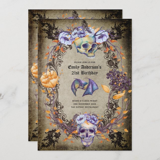 Convite Halloween Skulls Trendy Party Convida Watercolor (Frente/Verso)