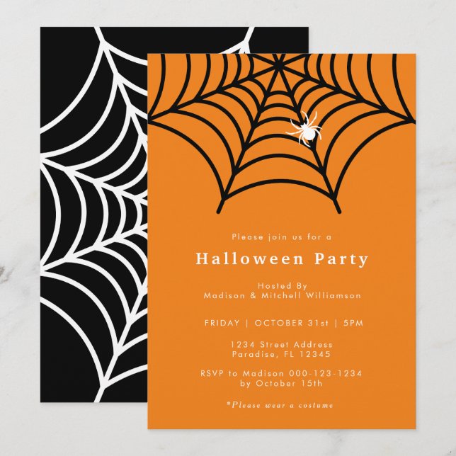 Convite Halloween Spider Web Spooky Modern Orange Party (Frente/Verso)