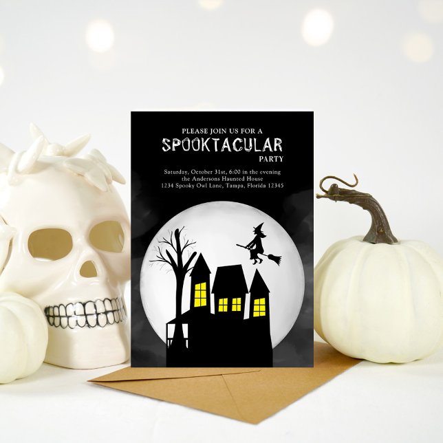 Convite Halloween Spooktacular Witch Assaltou Casa (Halloween spooktacular invitation with haunted house ans flying witch. )