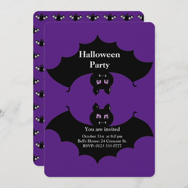 Convite Halloween Spooky Bats em Royal Purple (Frente/Verso)