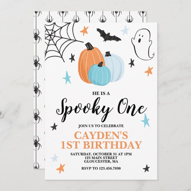 Convite Halloween Spooky One primeiro aniversario Blue Pum (Frente/Verso)