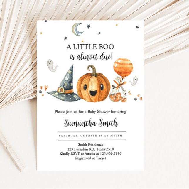 Convite Halloween Um Pequeno Chá de fraldas De Abóbora (A Little Boo is Almost Due Baby Shower Invitation)