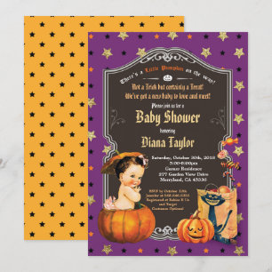 Convite Halloween vintage bebê chá ouro roxo