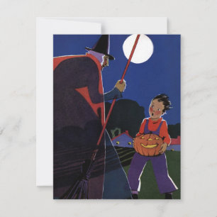 Convite Halloween Vintage, Bruxa Assustadora com Menino