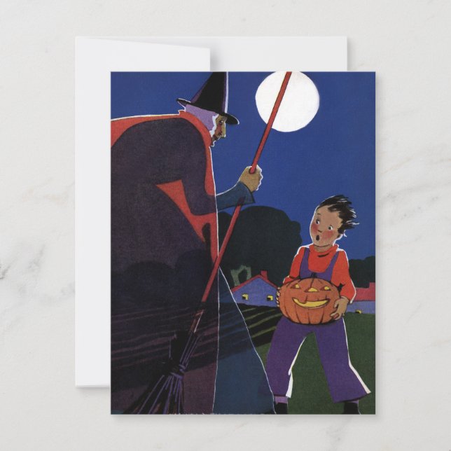 Convite Halloween Vintage, Bruxa Assustadora com Menino (Frente)