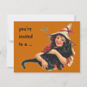 Convite Halloween Vintage, Bruxa Menina com Gato Preto