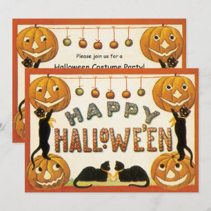 Convite Halloween Vintage, Gatos Pretos com Jackolanterns