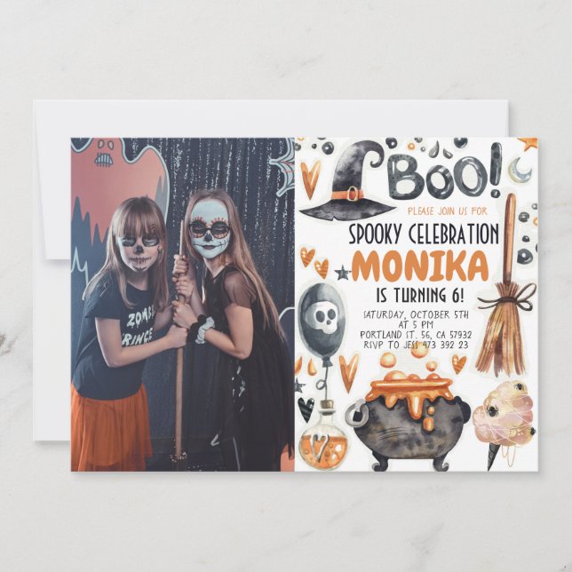 Convite Halloween Witch Cauldron Foto Aniversário (Frente)