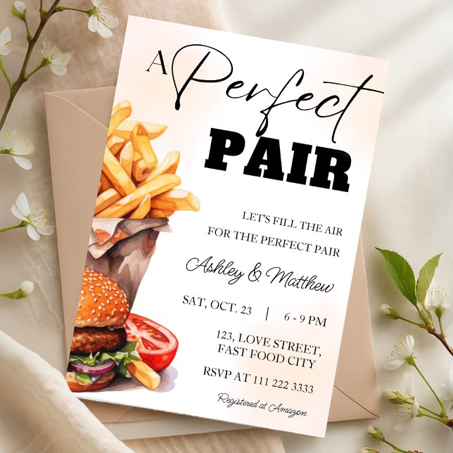 Convite Hambúrguer Par Perfeito e Batatas Casal Banho Coed (Perfect Pair Burger and Fries Couple Coed Shower Invitation)