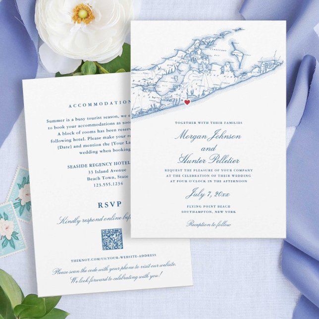 Convite Hamptons Beach All-in-one QR code RSVP Wedding (These affordable Hamptons Wedding Invitations save money AND paper with double sided QR code design)