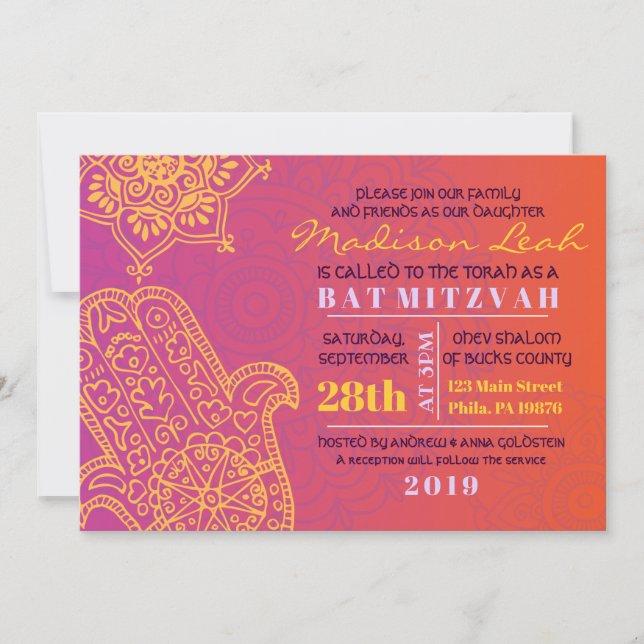 Convite HAMSA MÃO Vermelho Laranja Vermelho Bat Mitzvah Co (Frente)