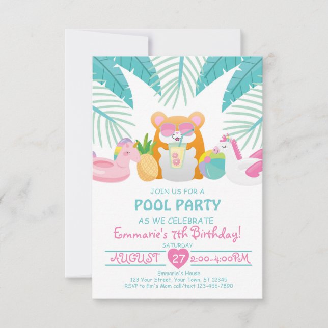 Convite Hamster Tropical Pool Party Invitation (Frente)