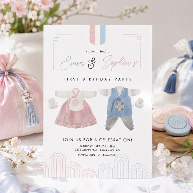 Convite Hanbok Coreano Rosa Azul Doljanchi Primeiro Aniver (Criador carregado)