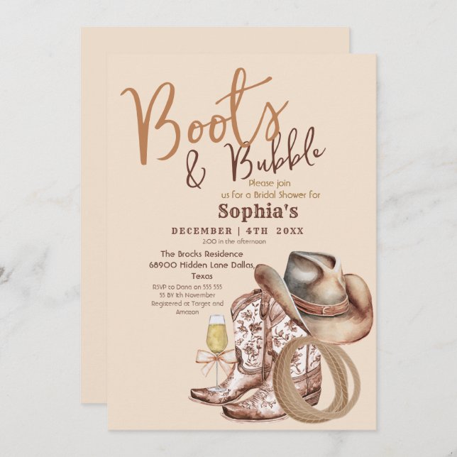 Convite Hand Draw Boots and Bubbly Bridal Shower (Frente/Verso)