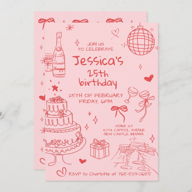 Convite Hand Drawn Adult Handwritten Scribble Birthday  (Frente/Verso)