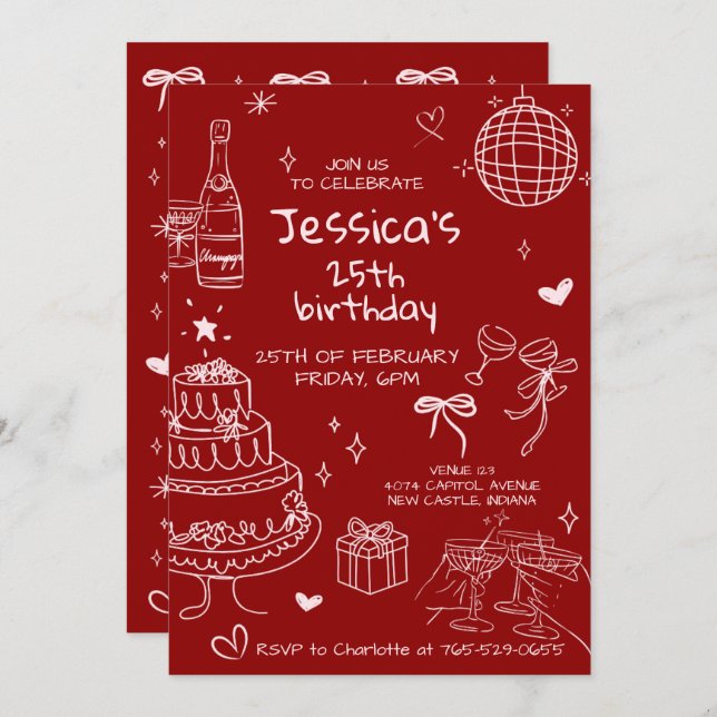 Convite Hand Drawn Adult Handwritten Scribble Birthday  (Frente/Verso)