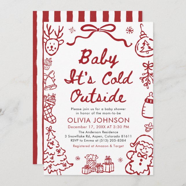 Convite Hand Drawn Baby It's Cold Outside Baby Shower (Frente/Verso)