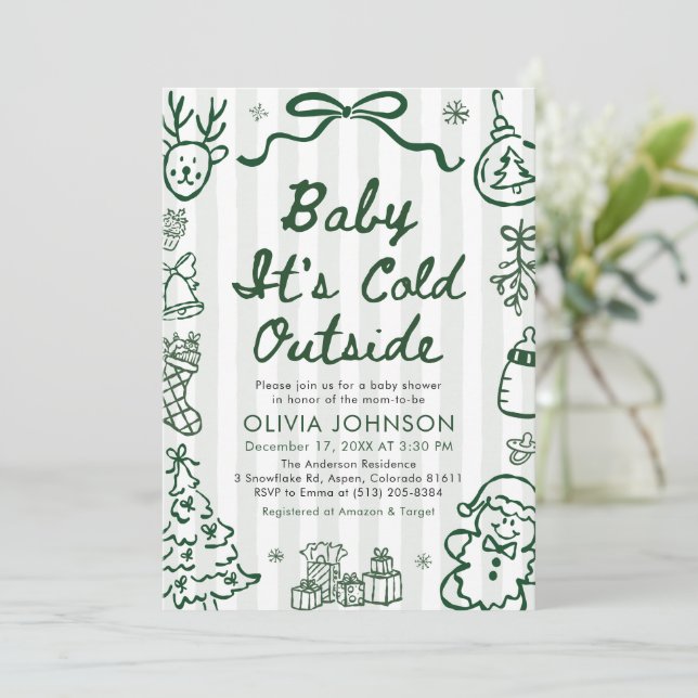 Convite Hand Drawn Baby It's Cold Outside Baby Shower (Em pé/Frente)