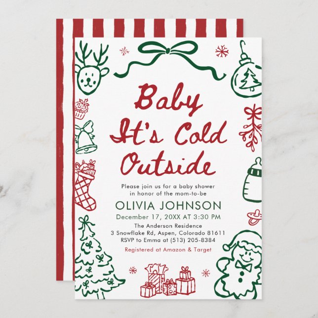 Convite Hand Drawn Baby It's Cold Outside Baby Shower (Frente/Verso)