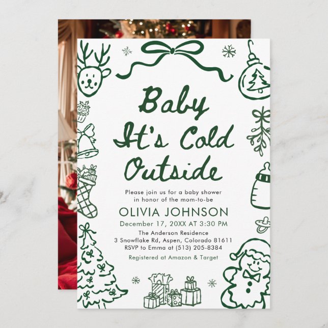 Convite Hand Drawn Baby It's Cold Outside Baby Shower (Frente/Verso)
