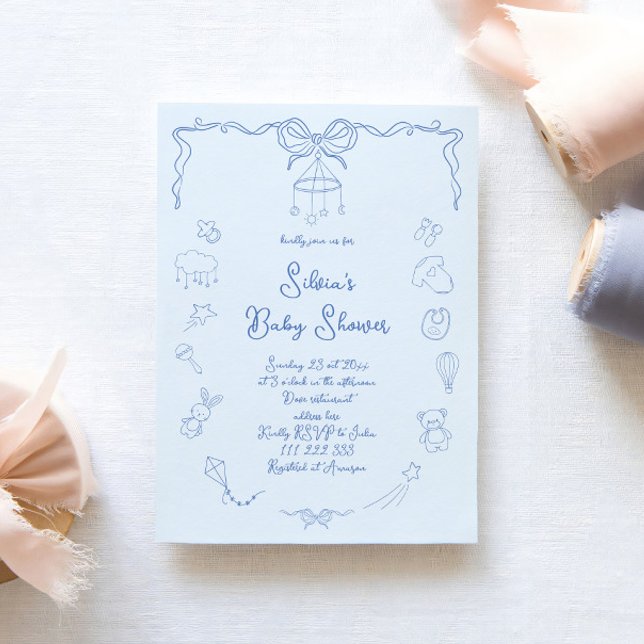 Convite Hand Drawn Baby Shower, Bow Baby Boy Handwritten  (Criador carregado)