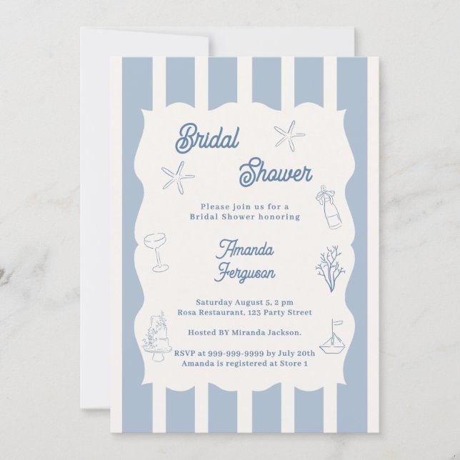 Convite Hand drawn beach dusty blue ivory Bridal Shower (Frente)