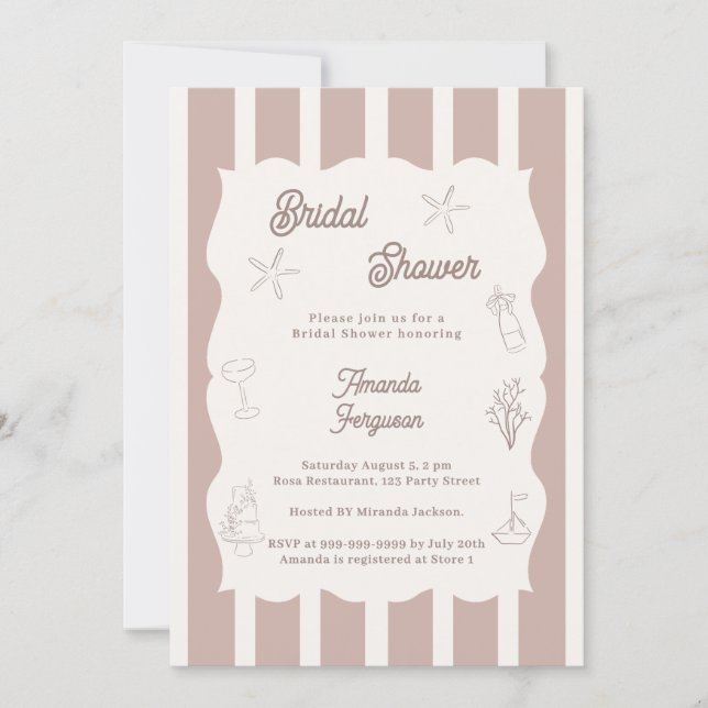 Convite Hand drawn beach ivory taupe Bridal Shower (Frente)