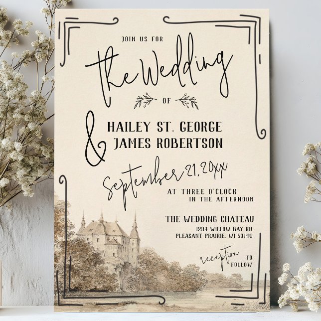 Convite Hand Drawn Beige Wedding, Elegante Francês Chateau (Elegant hand drawn quirky whimsical French chateau fantasy black and ivory cream wedding invitation)