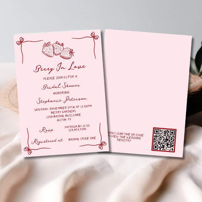 Convite Hand Drawn Berry In Love Bridal Shower QR Code (Criador carregado)