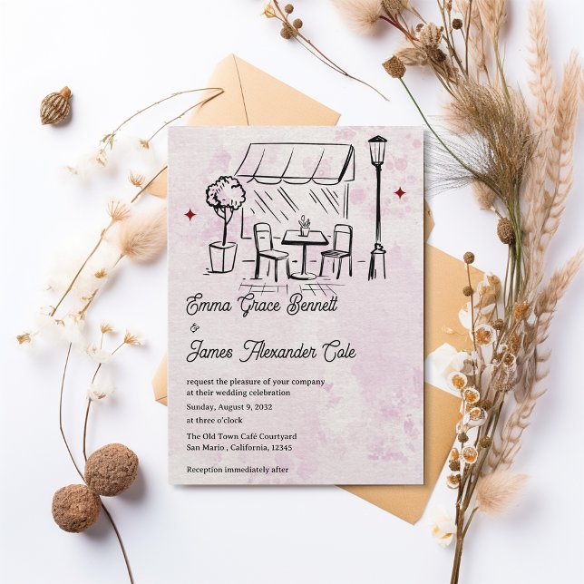 Convite Hand-Drawn Bistro Café Courtyard Wedding (Hand-Drawn Bistro Café Courtyard Wedding Invitation)
