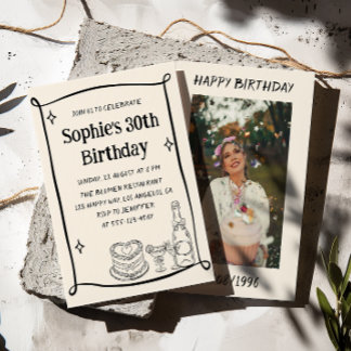Convite Hand Drawn Black & Cream 30TH Birthday Photo 