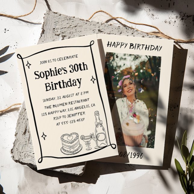 Convite Hand Drawn Black & Cream 30TH Birthday Photo  (Criador carregado)
