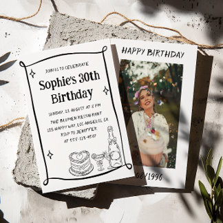 Convite Hand Drawn Black & White 30TH Birthday Photo 