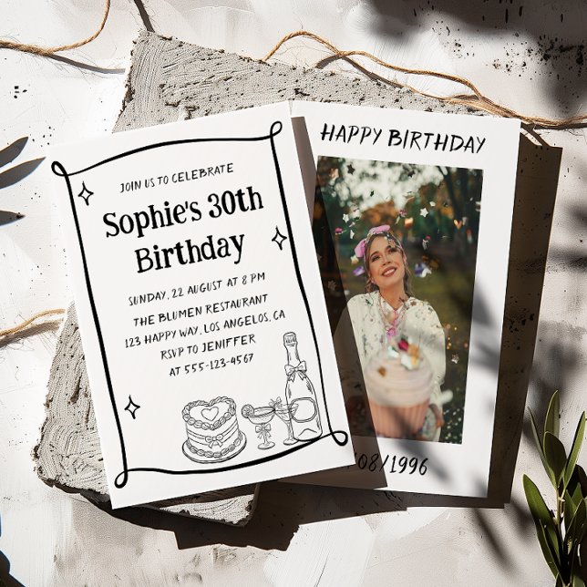 Convite Hand Drawn Black & White 30TH Birthday Photo  (Criador carregado)