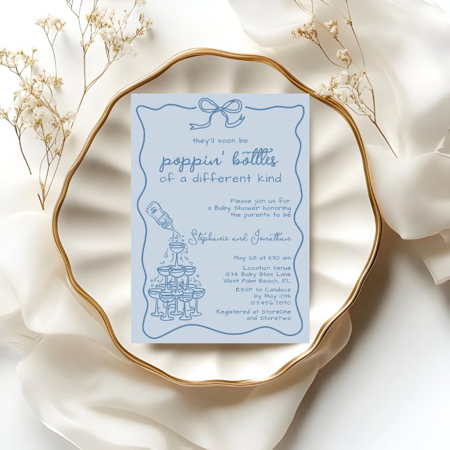 Convite Hand Drawn Blue Bottle Champagne Tower Baby Shower (Criador carregado)