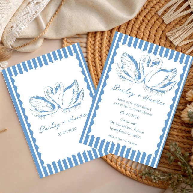 Convite hand drawn Blue Couple Swan Whimsical Wedding (Criador carregado)