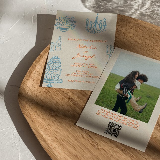 Convite Hand Drawn Blue Orange Photo QR Code Wedding (Criador carregado)