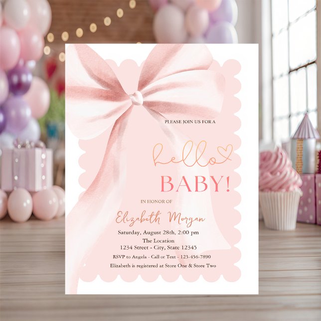 Convite  Hand Drawn Bow Elegant Frame Pink Baby Shower (Criador carregado)
