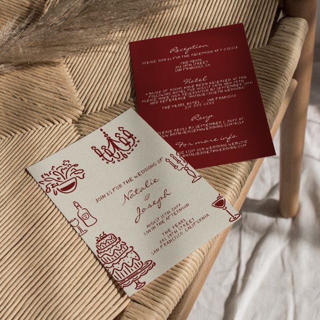 Convite Hand Drawn Burgundy Romantic All In One Wedding (Criador carregado)