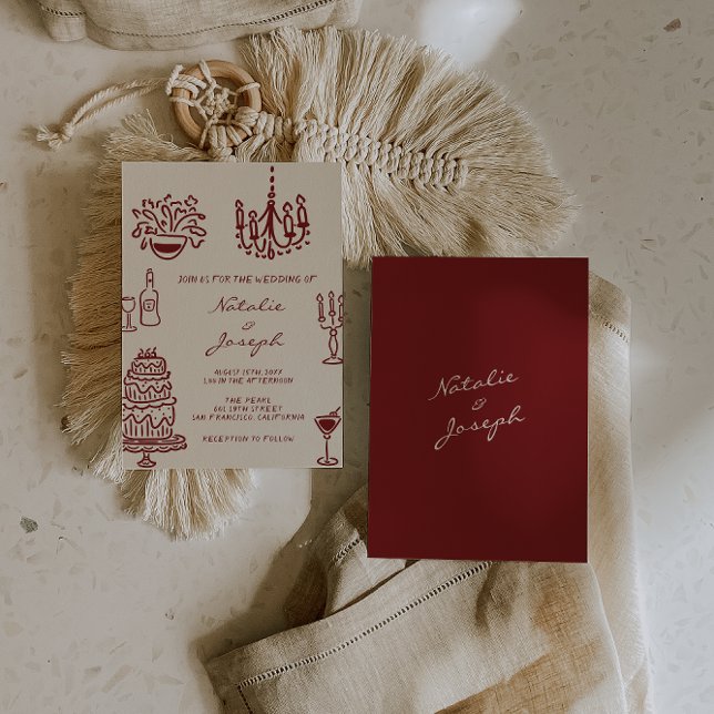 Convite Hand Drawn Burgundy Romantic Whimsical Wedding (Criador carregado)