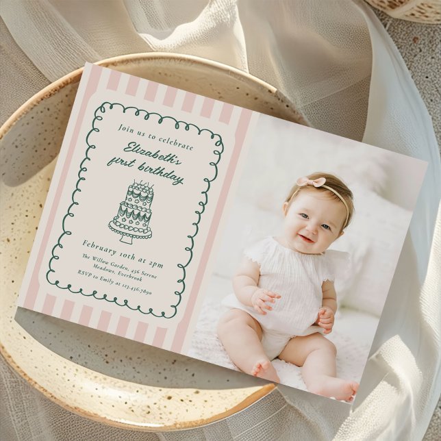 Convite Hand Drawn Cake Quirky Unique 1st Birthday Photo (Criador carregado)