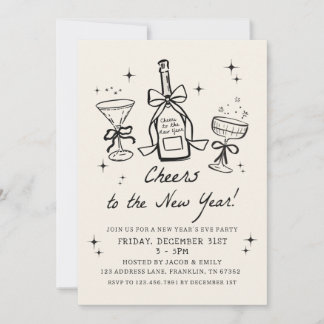 Convite Hand Drawn Champagne Cheers New Years Eve Party