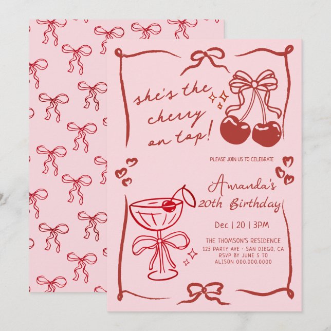 Convite  hand-drawn cherry martini birthday (Frente/Verso)
