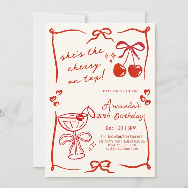 Convite hand-drawn cherry martini birthday invitation (Frente)