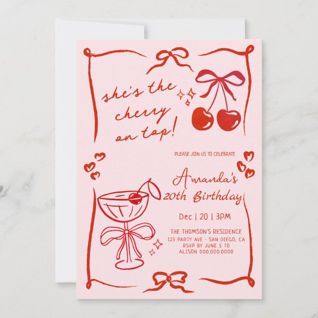 Convite hand-drawn cherry martini birthday invitation (Frente)