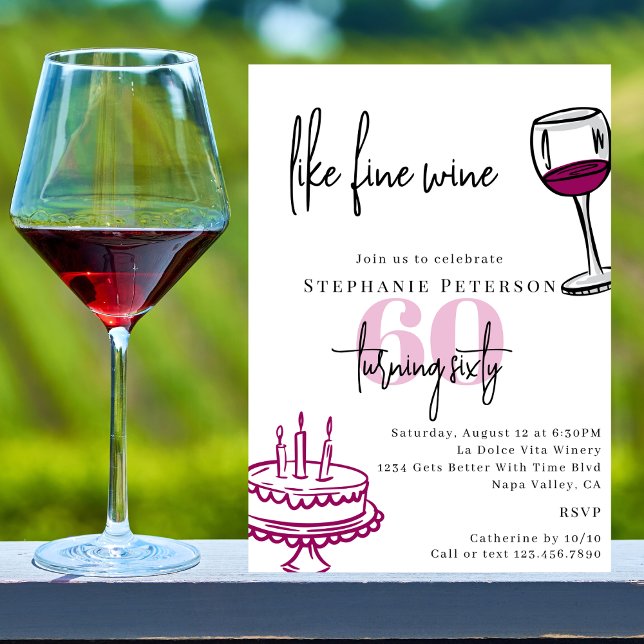 Convite Hand Drawn Chic Scribble Wine & Cake 60th Birthday (Criador carregado)