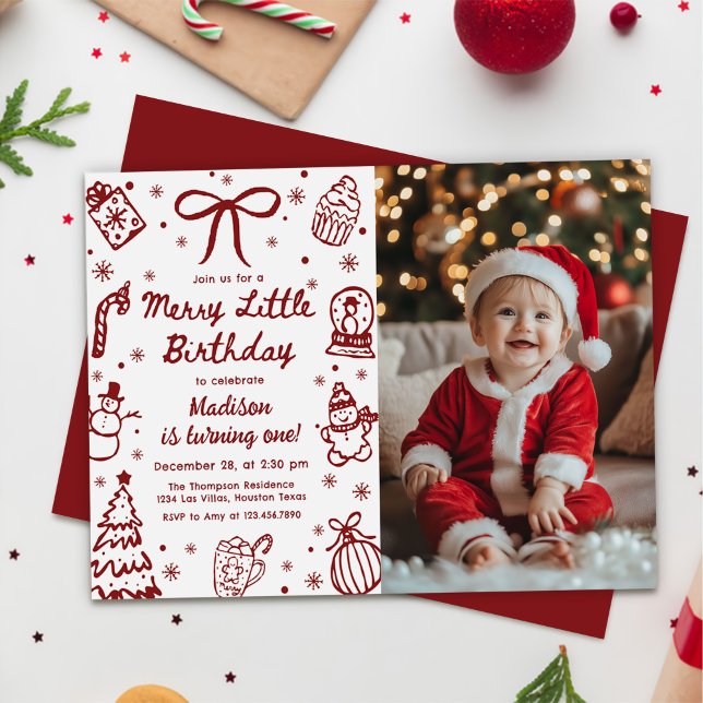 Convite Hand Drawn Christmas Merry Little Birthday Photo (Criador carregado)